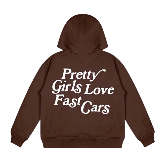 PRETTY GIRLS LOVE FAST CARS BROWN AND WHITE OVERSIZED HOODIE
