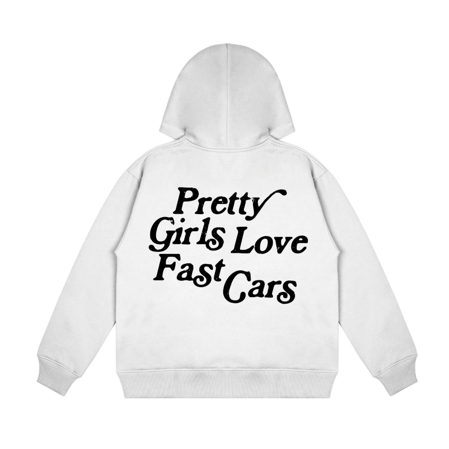 PRETTY GIRLS LOVE FAST CARS WHITE OVERSIZED HOODIE