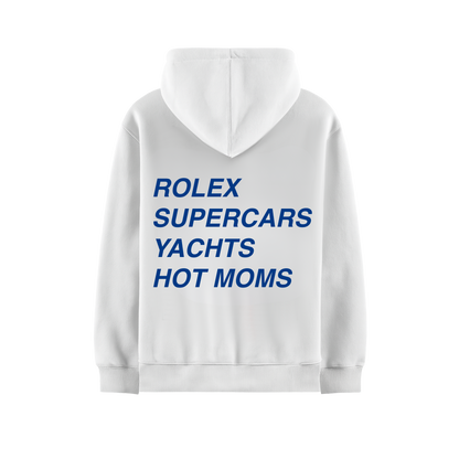 ROLEX SUPERCARS YACHTS HOT MOMS WHITE OVERSIZED HOODIE