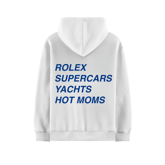 ROLEX SUPERCARS YACHTS HOT MOMS WHITE OVERSIZED HOODIE