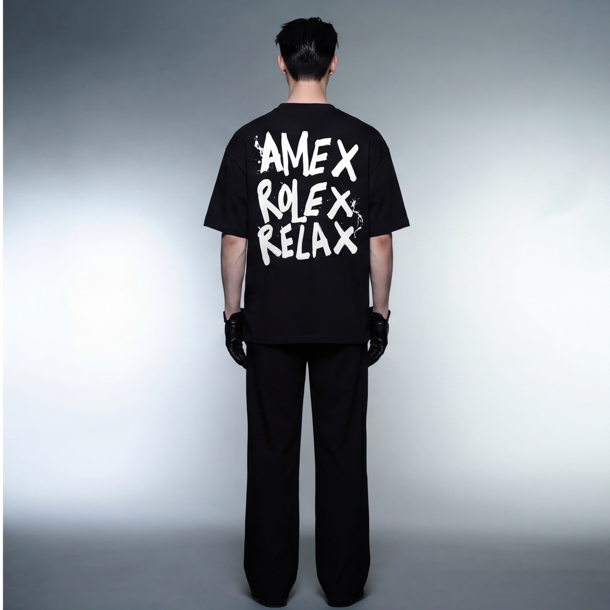 amex-rolex-relax-black-oversized-t-shirt model back