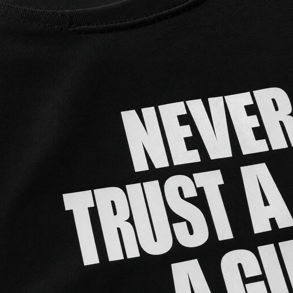 Close-up fabric detail - NEVER TRUST A GIRL T-SHIRT