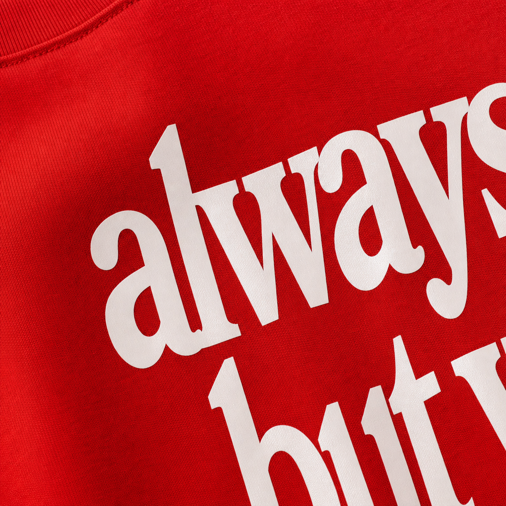 Close-up fabric detail - ALWAYS LATE RED OVERSIZED TSHIRT