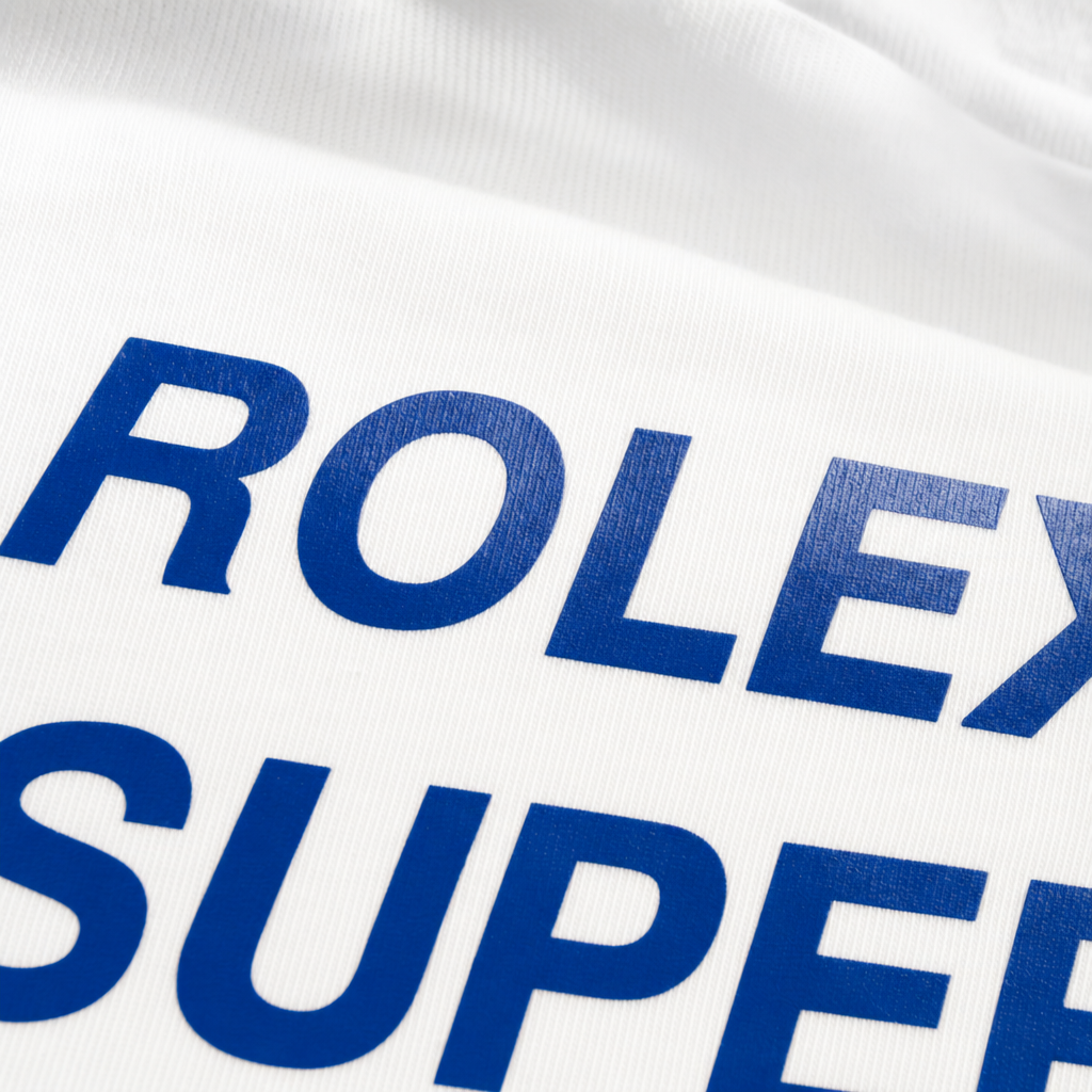 Close-up fabric detail - ROLEX SUPERCARS HOT MOM'S WHITE OVERSIZED T-SHIRT