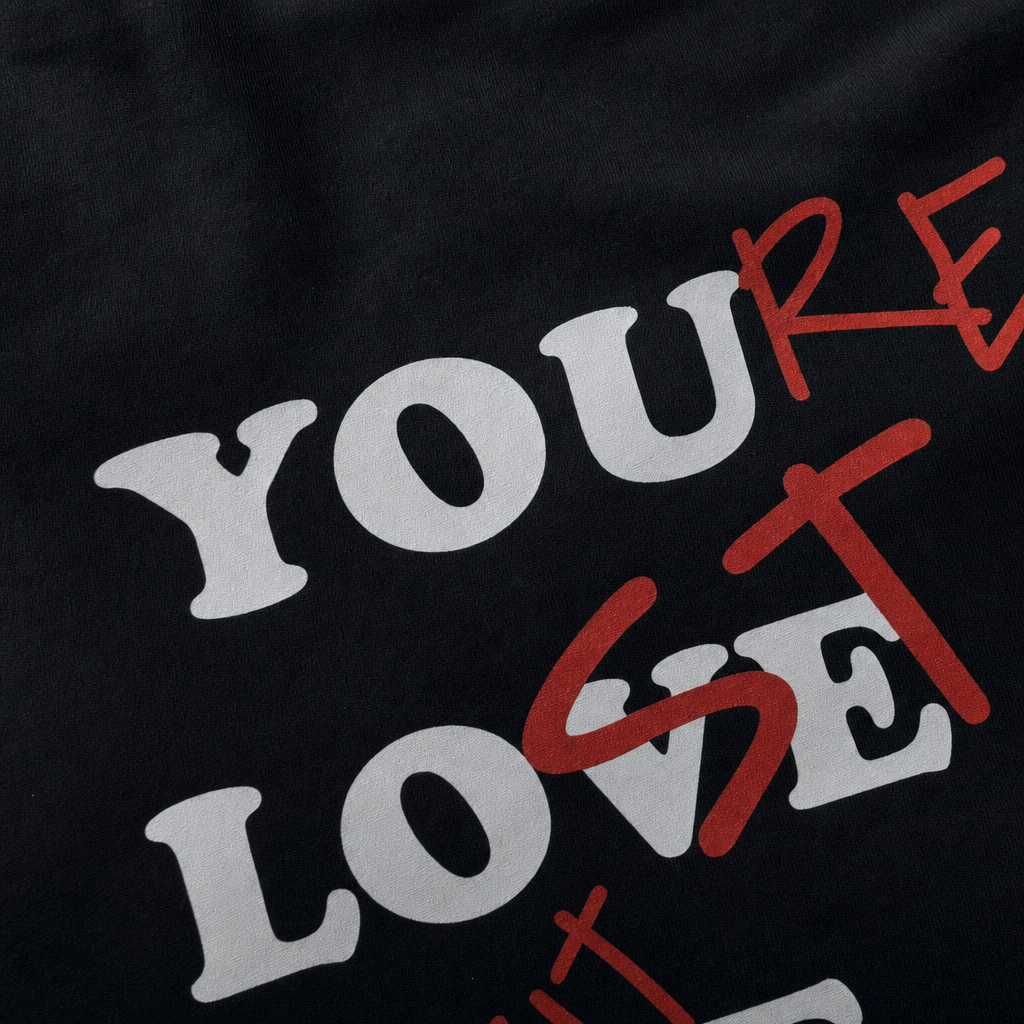 Close-up fabric detail - YOU LOVE ME BLACK OVERSIZED T-SHIRT
