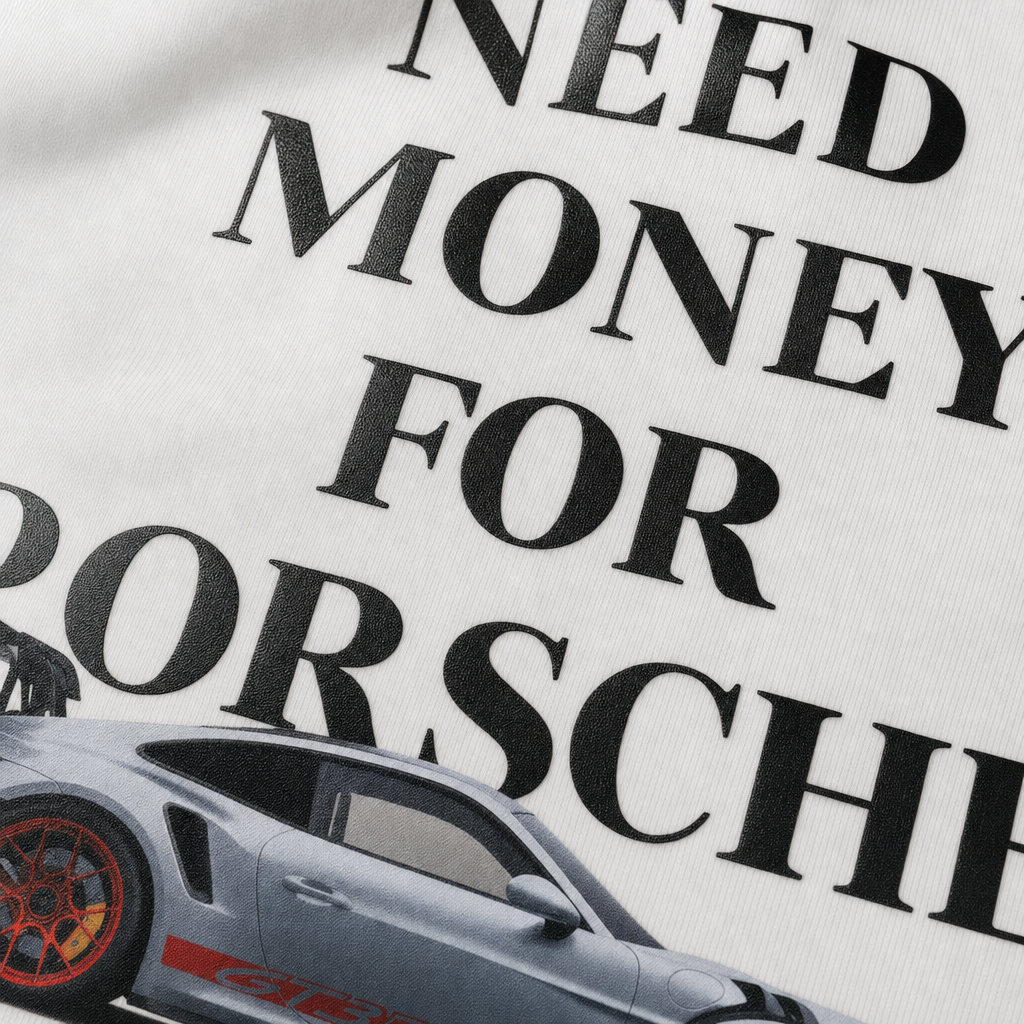 Close-up fabric detail - NEED MONEY FOR PORSCHE OVERSIZED T-SHIRT ( LIMITED EDITION)