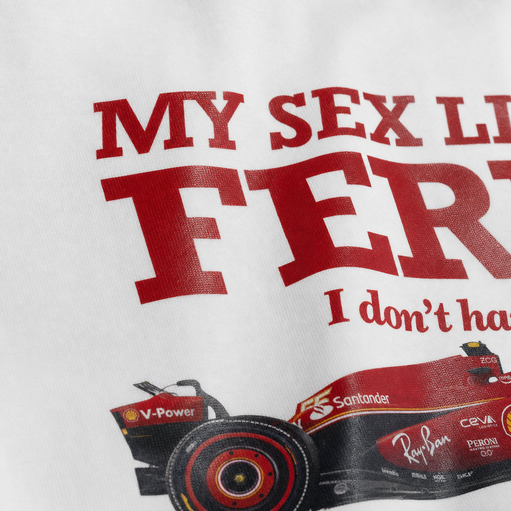 Close-up fabric detail - MY SEX LIFE IS LIKE FERRARI OVERSIZED WHITE T-SHIRT