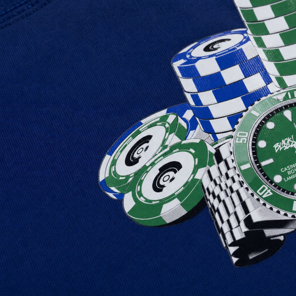 Close-up fabric detail - Blacklist Casino Royale Lambo Edition Royal blue Statement T-shirt