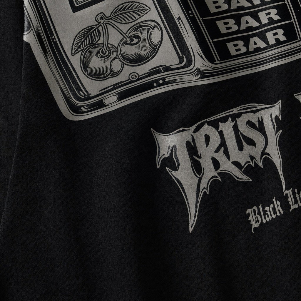 Close-up fabric detail - TRUST ISSUE BLACKLIST BLACK T-SHIRT