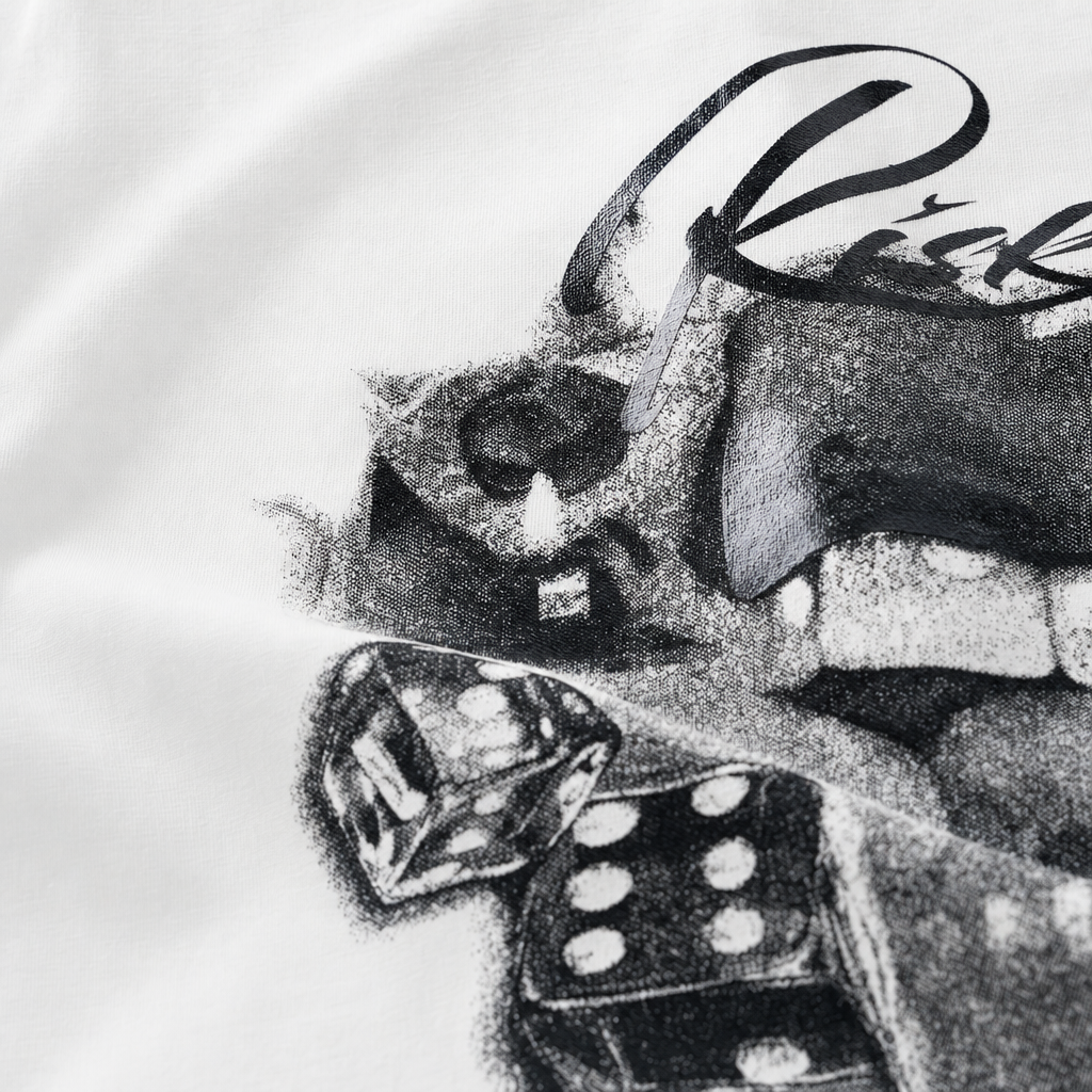 Close-up fabric detail - RISK BLACKLIST WHITE T-SHIRT