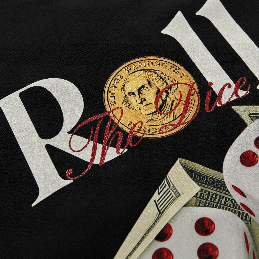 Close-up fabric detail - ROLL THE DICE BLACKLIST BLACK T-SHIRT