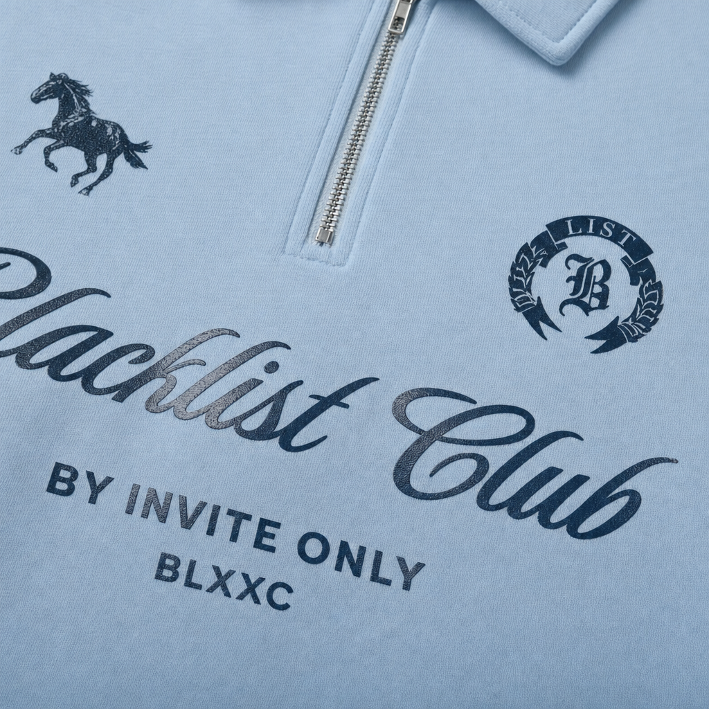 Close-up fabric detail - Blacklist Club Ice Blue Oversized Quarter Zip T-Shirt