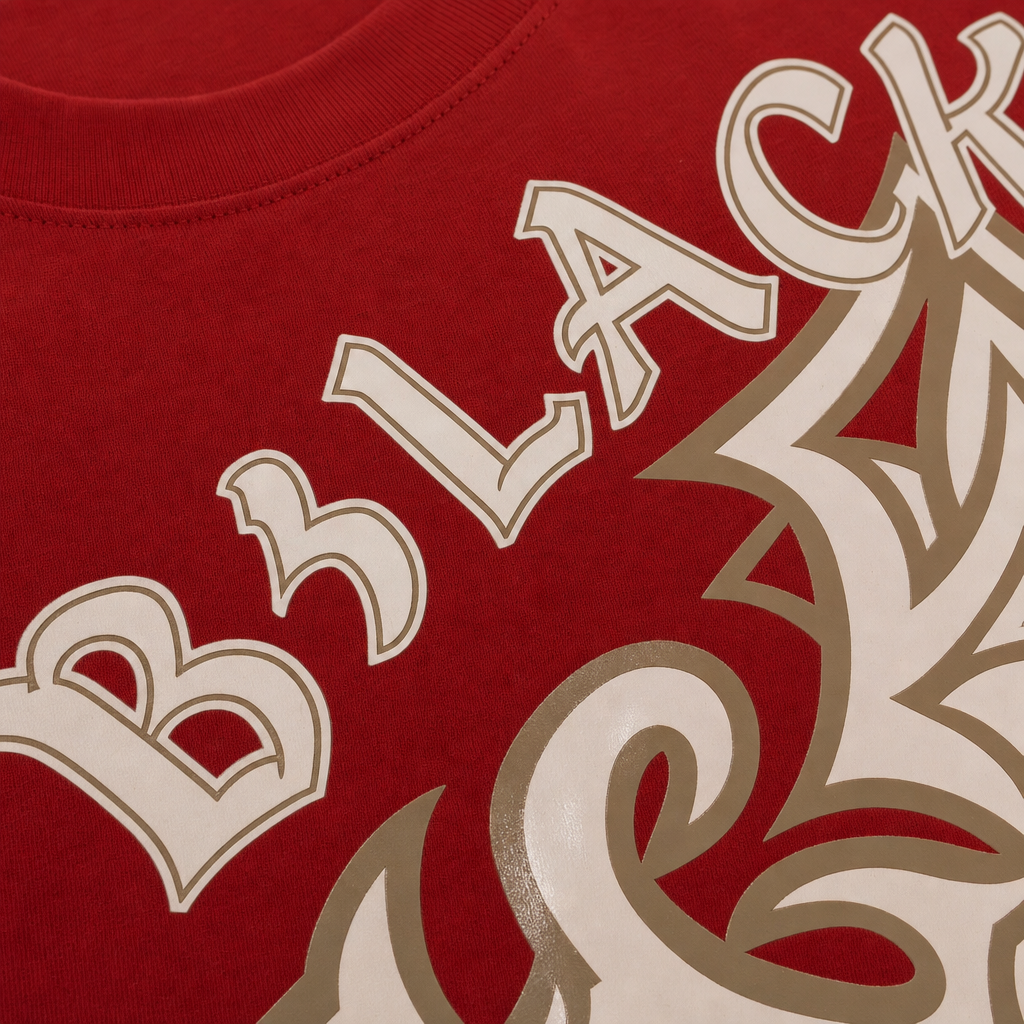 Close-up fabric detail - Blacklist Crosses Red Oversized T-Shirt