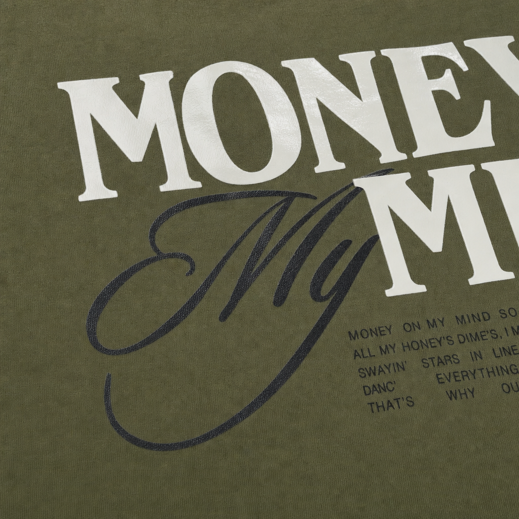 Close-up fabric detail - Money On My Mind Olive Oversized T-shirt