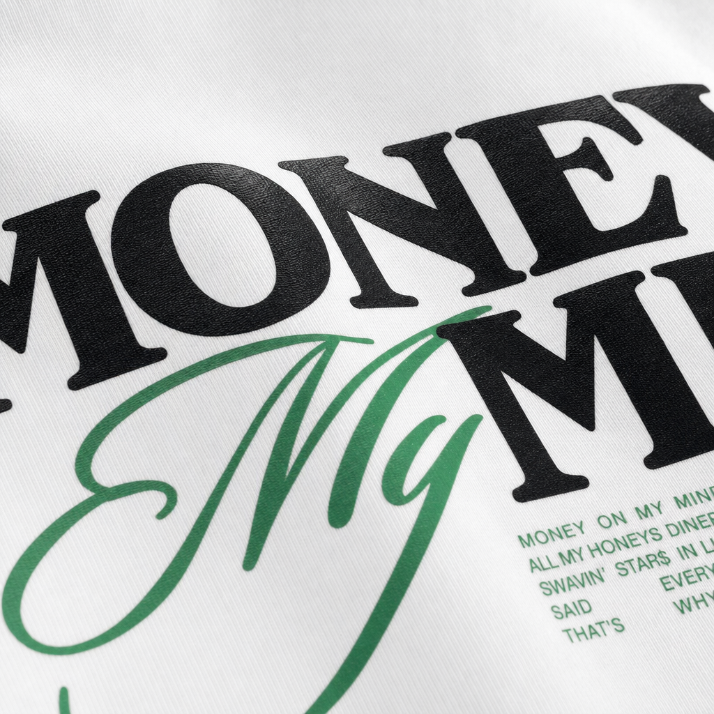 Close-up fabric detail - Money On My Mind White Oversized T-shirt