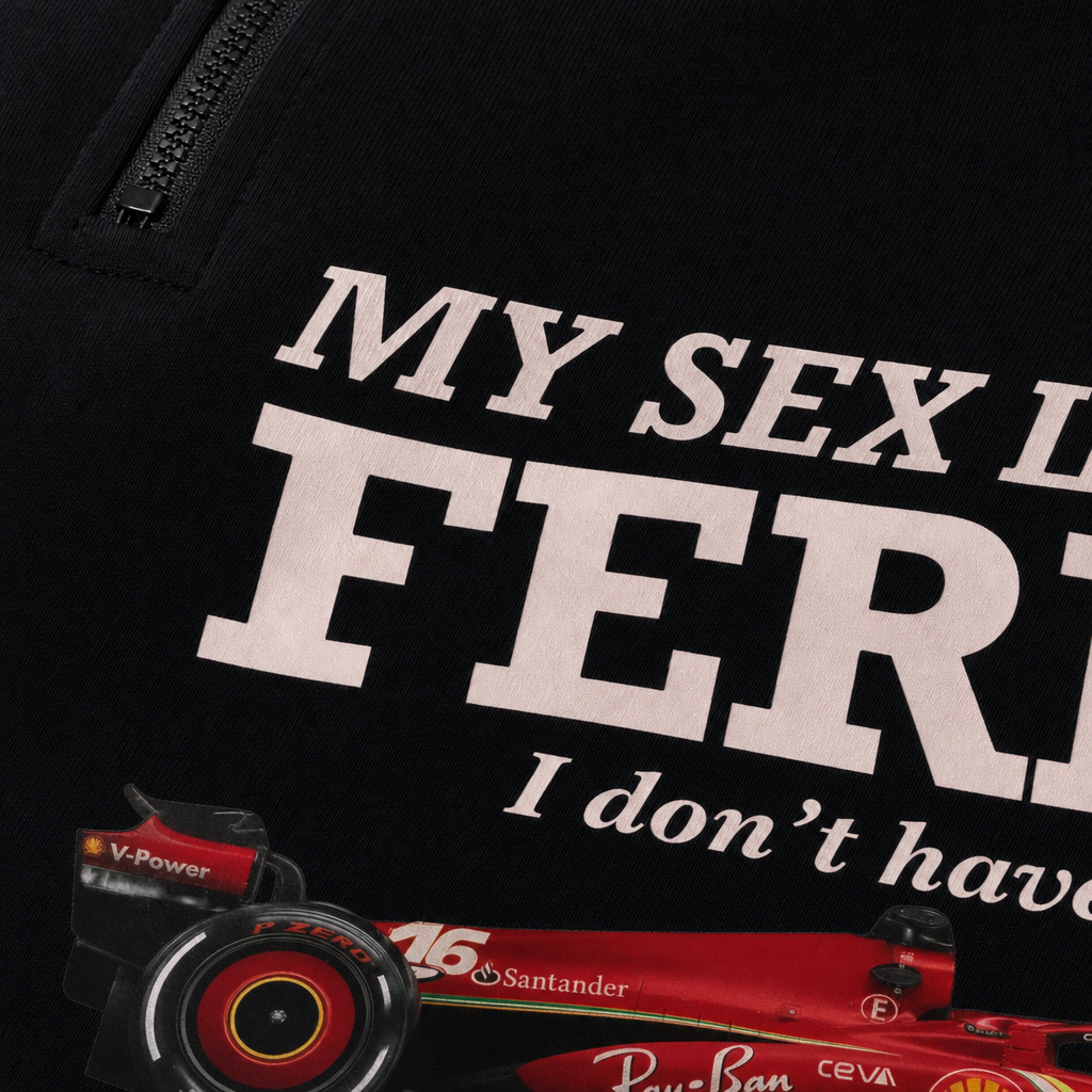 Close-up fabric detail - My Sex Life Is Like Ferrari Black Oversized Quarter Zip T-shirt
