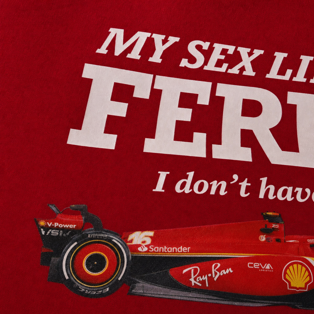 Close-up fabric detail - My Sex Life Is Like Ferrari Red Oversized Quarter Zip T-shirt