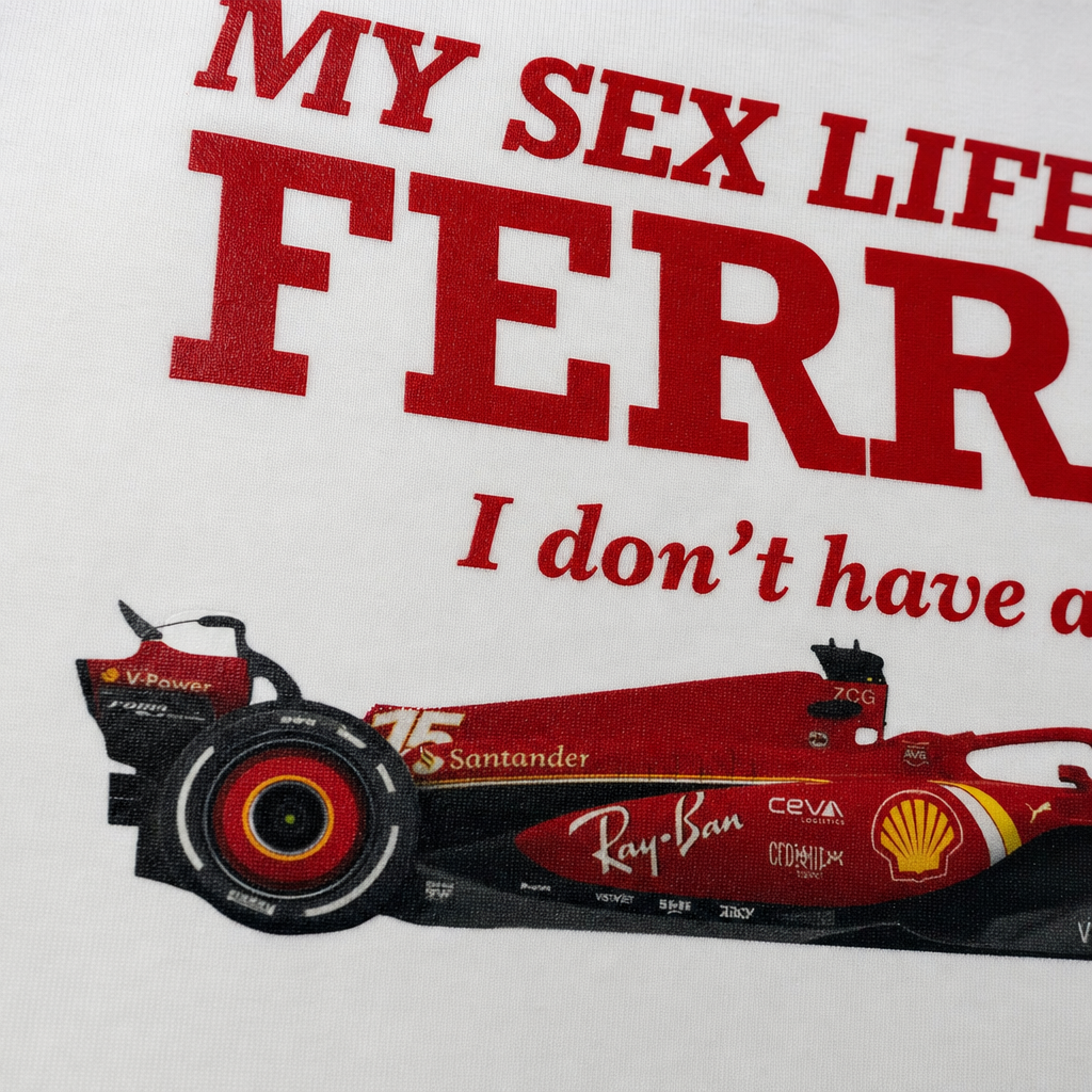 Close-up fabric detail - My Sex Life Is Like Ferrari White Oversized Quarter Zip T-shirt