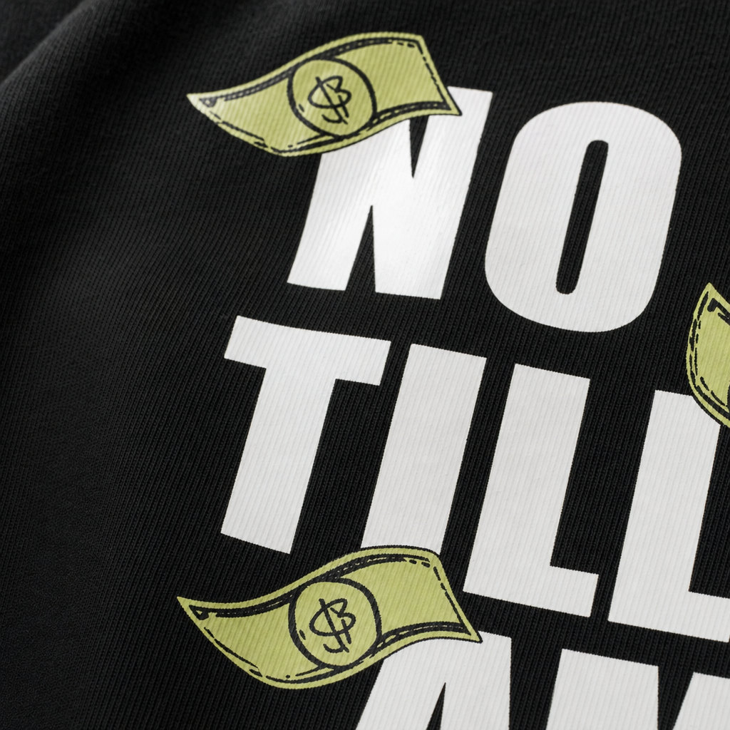 Close-up fabric detail - No Flex Till It's Amex Oversized T-shirt Black