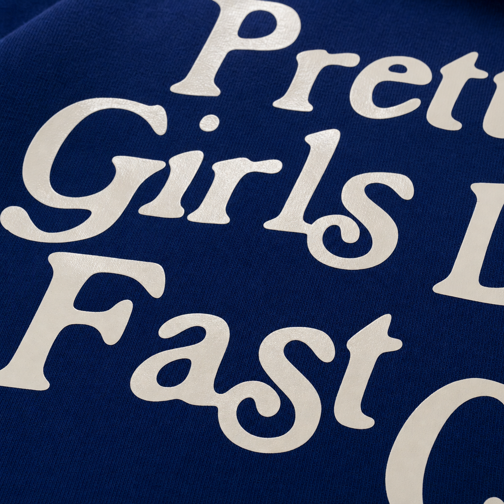 Close-up fabric detail - Pretty Girls Love Fast Cars Blue Oversized T-shirt