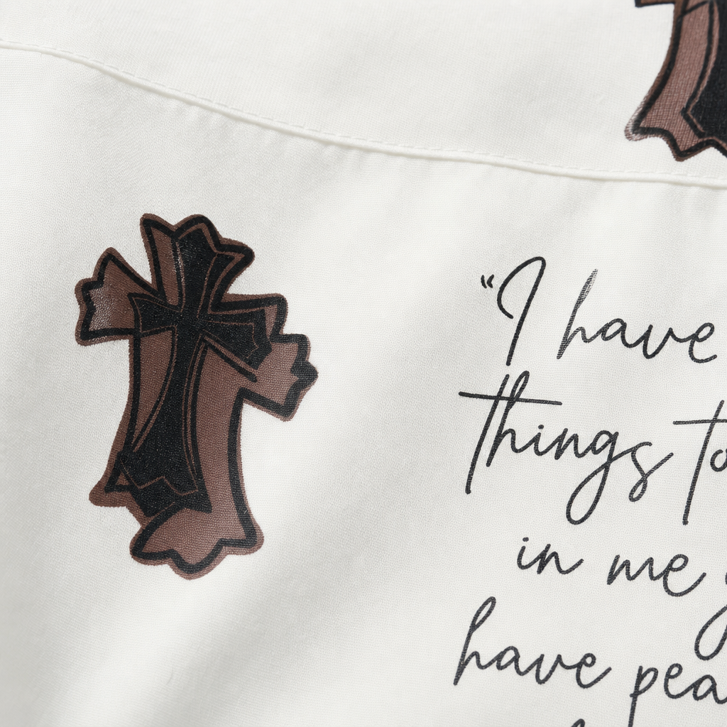 Close-up fabric detail - BROWN CROSS BLACKLIST WHITE BOWLING SHIRT
