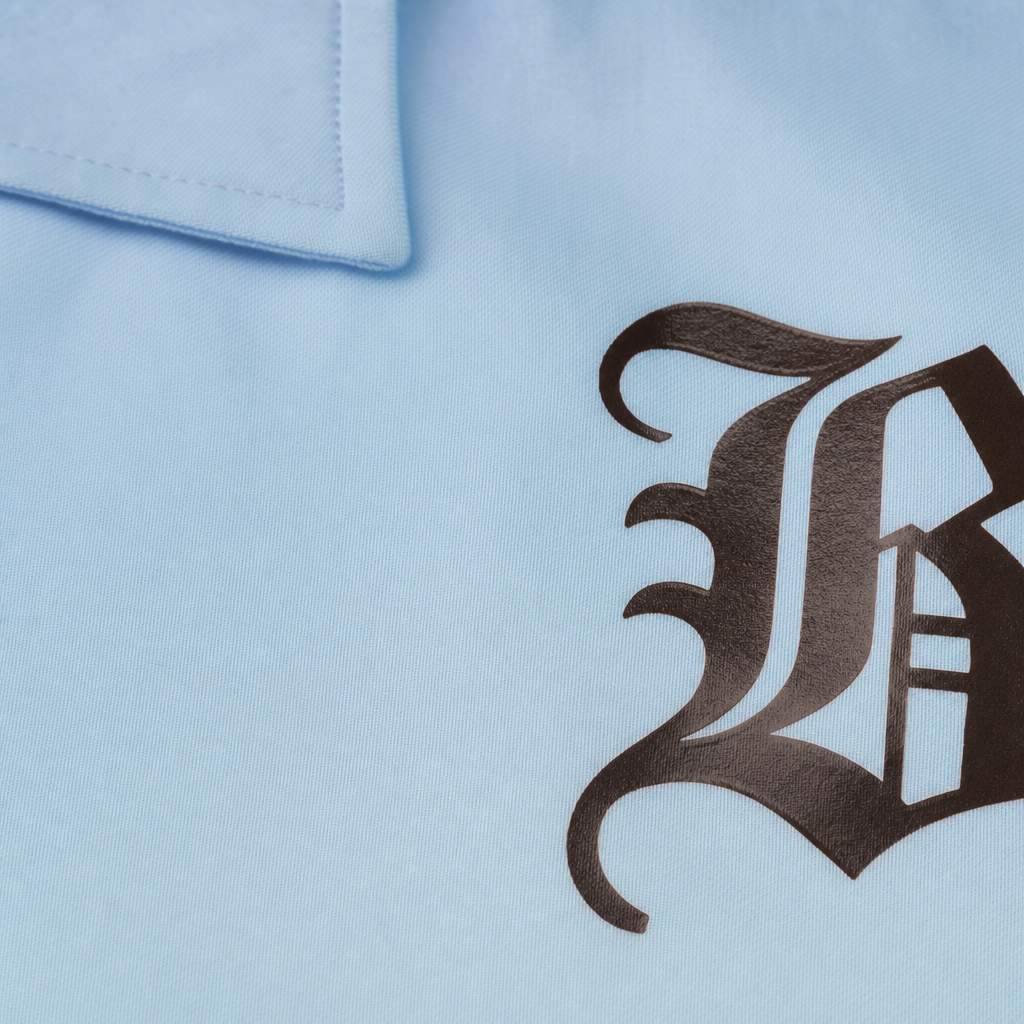 Close-up fabric detail - BROWN CROSS BLACKLIST ICE BLUE BOWLING SHIRT