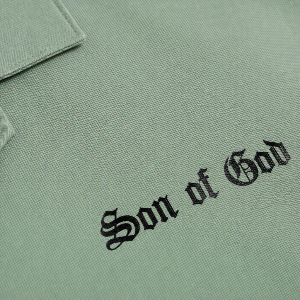 Close-up fabric detail - SON OF GOD BLACKLIST SAGE GREEN BOWLING SHIRT