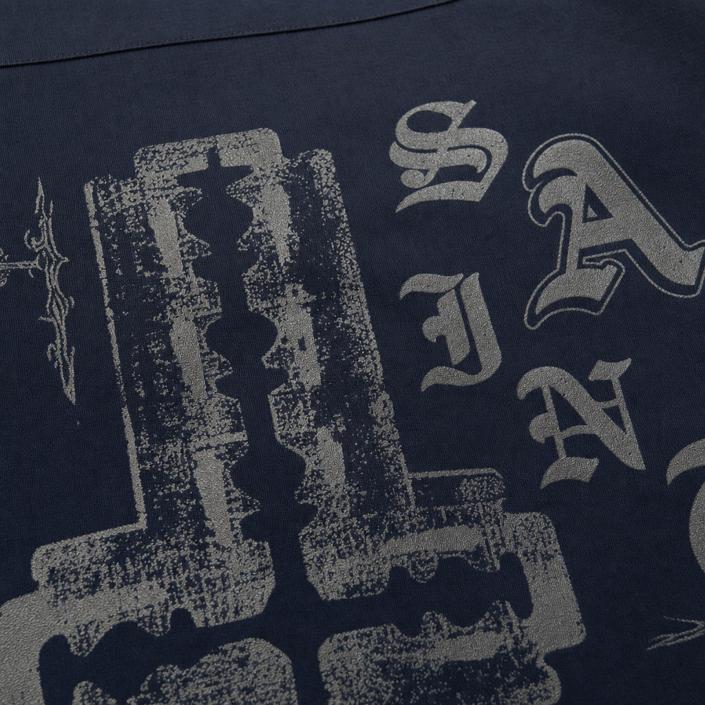 Close-up fabric detail - SAINT CROSS BLACKLIST NAVY BOWLING SHIRT