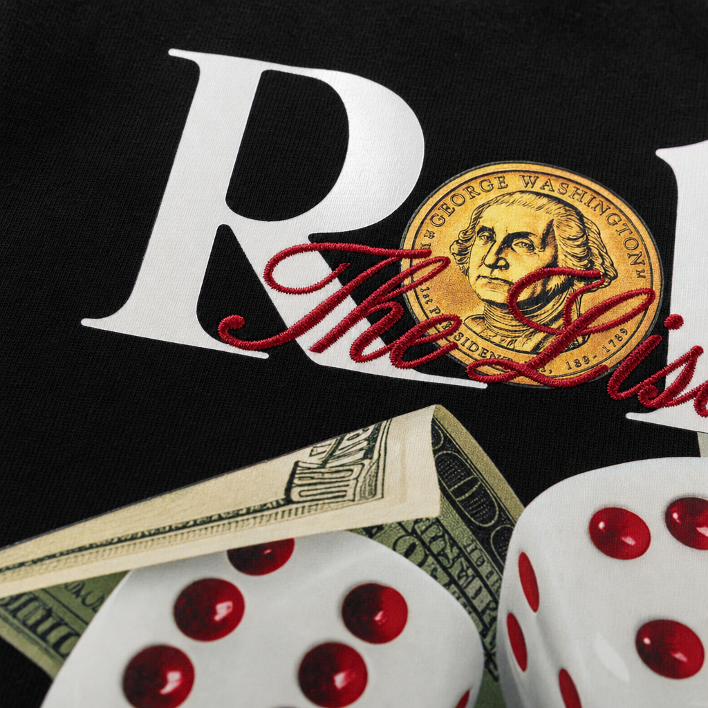 Close-up fabric detail - ROLL THE DICE BLACKLIST BLACK BOWLING SHIRT
