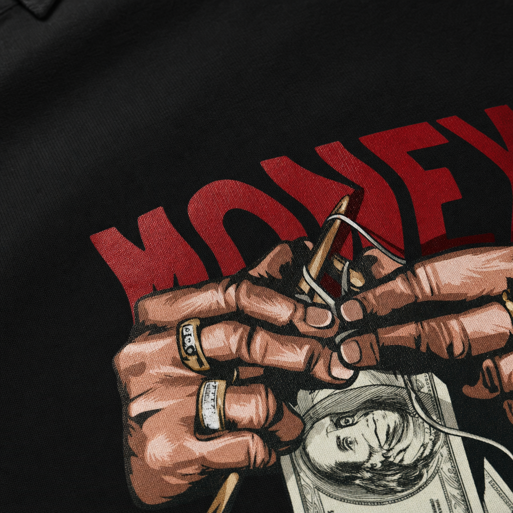 Close-up fabric detail - MONEY MAKER BLACKLIST BLACK BOWLING SHIRT