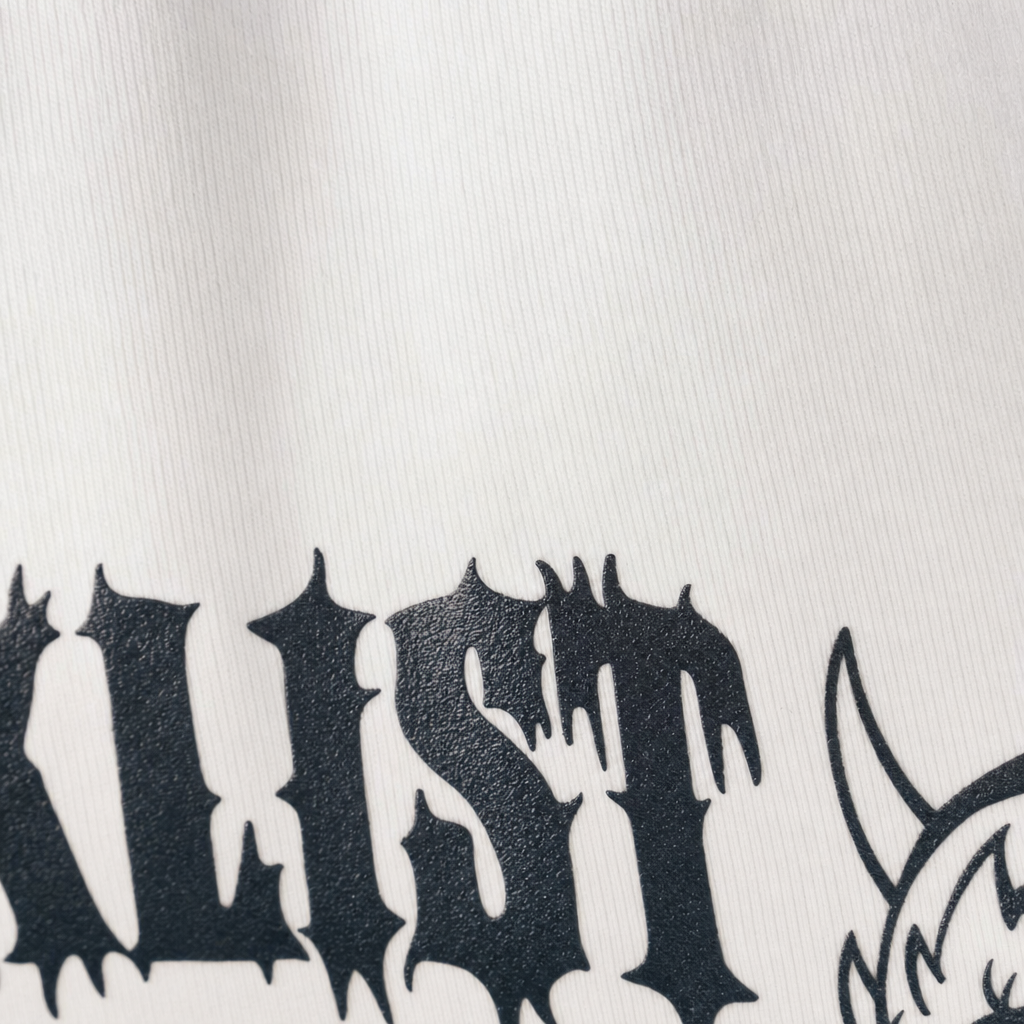 Close-up fabric detail - Blacklist Little Devil Baby Tee White