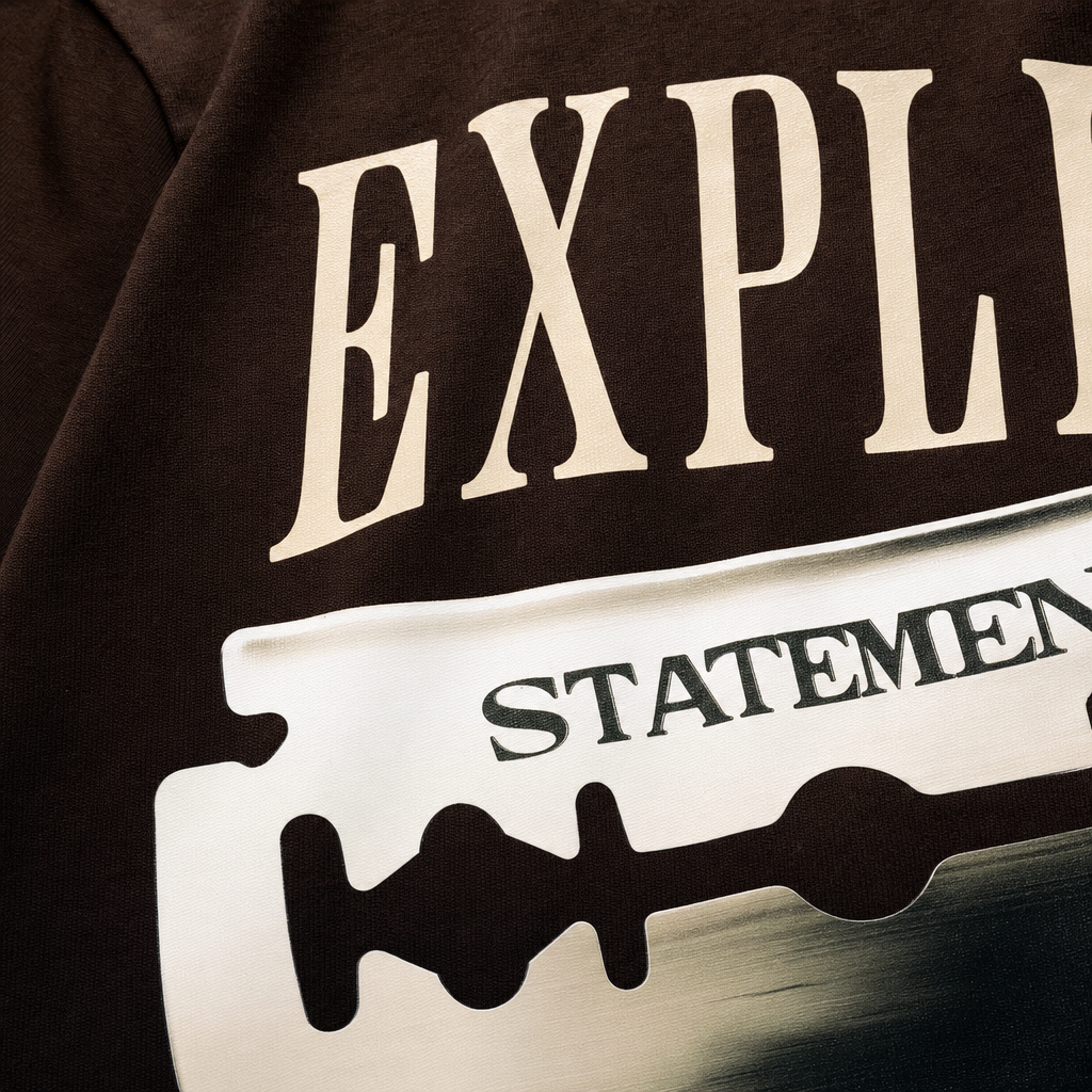 Close-up fabric detail - EXPLICIT STATEMENT BROWN T-SHIRT