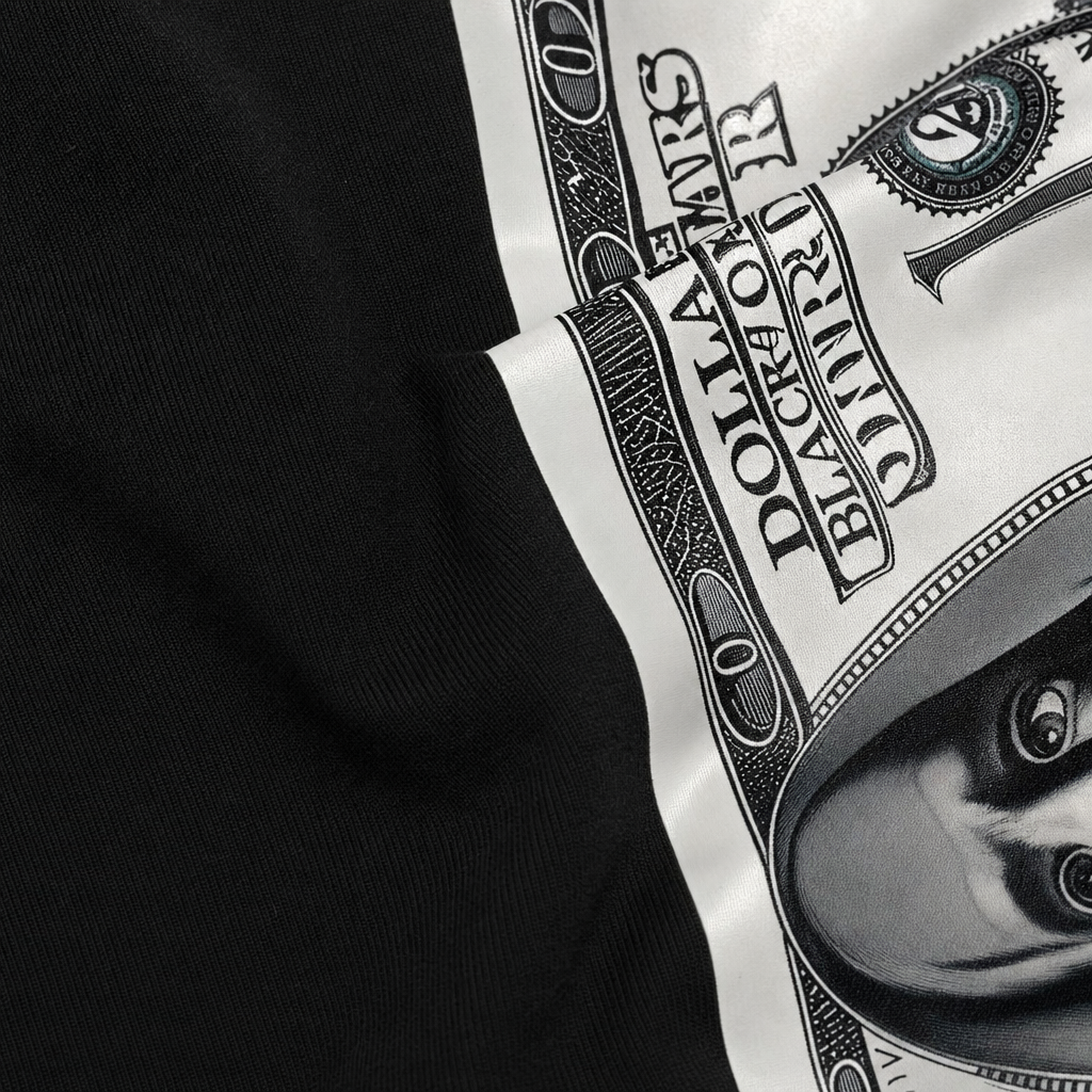 Close-up fabric detail - DOLLAR BILLS BLACK T-SHIRT