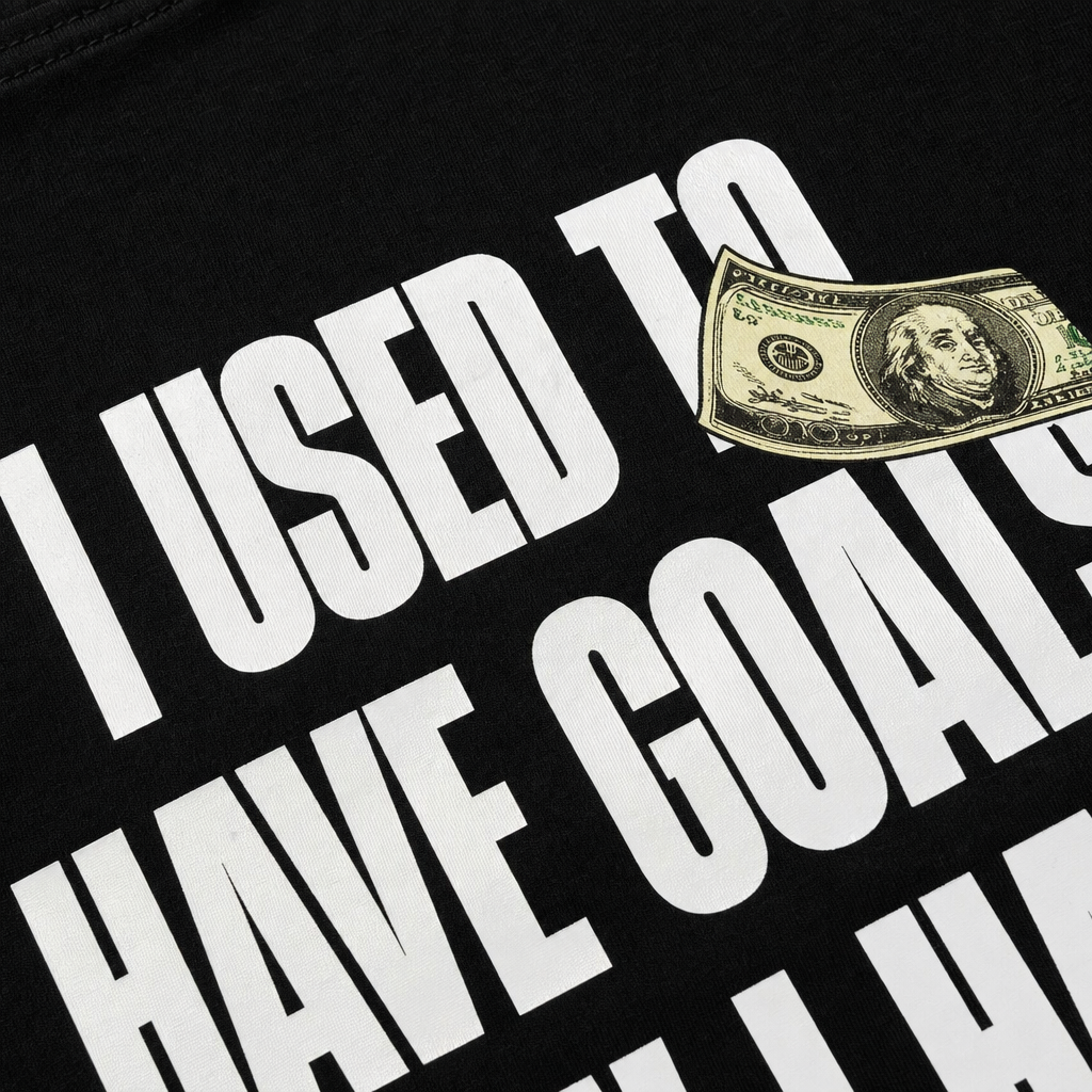 Close-up fabric detail - I USED TO HAVE GOALS CUSTOM BLACK T-SHIRT