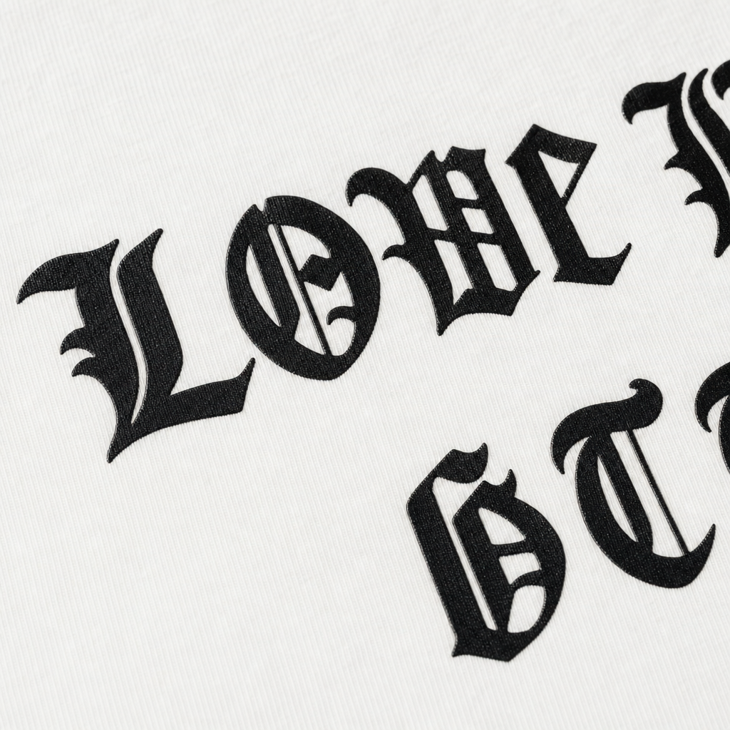 Close-up fabric detail - LOVE WILL GET YOU KILLED WHITE T-SHIRT