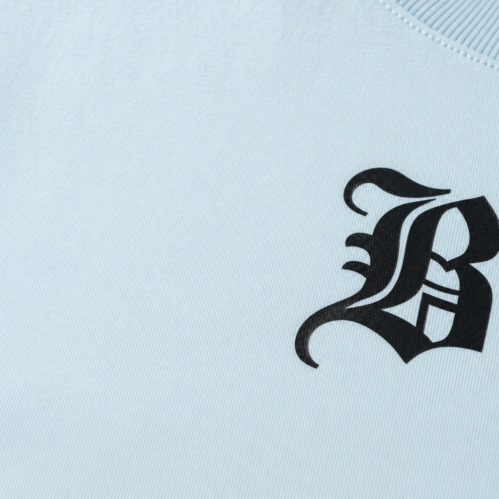 Close-up fabric detail - ALONE BUT NOT LONELY CREAM ICE BLUE T-SHIRT