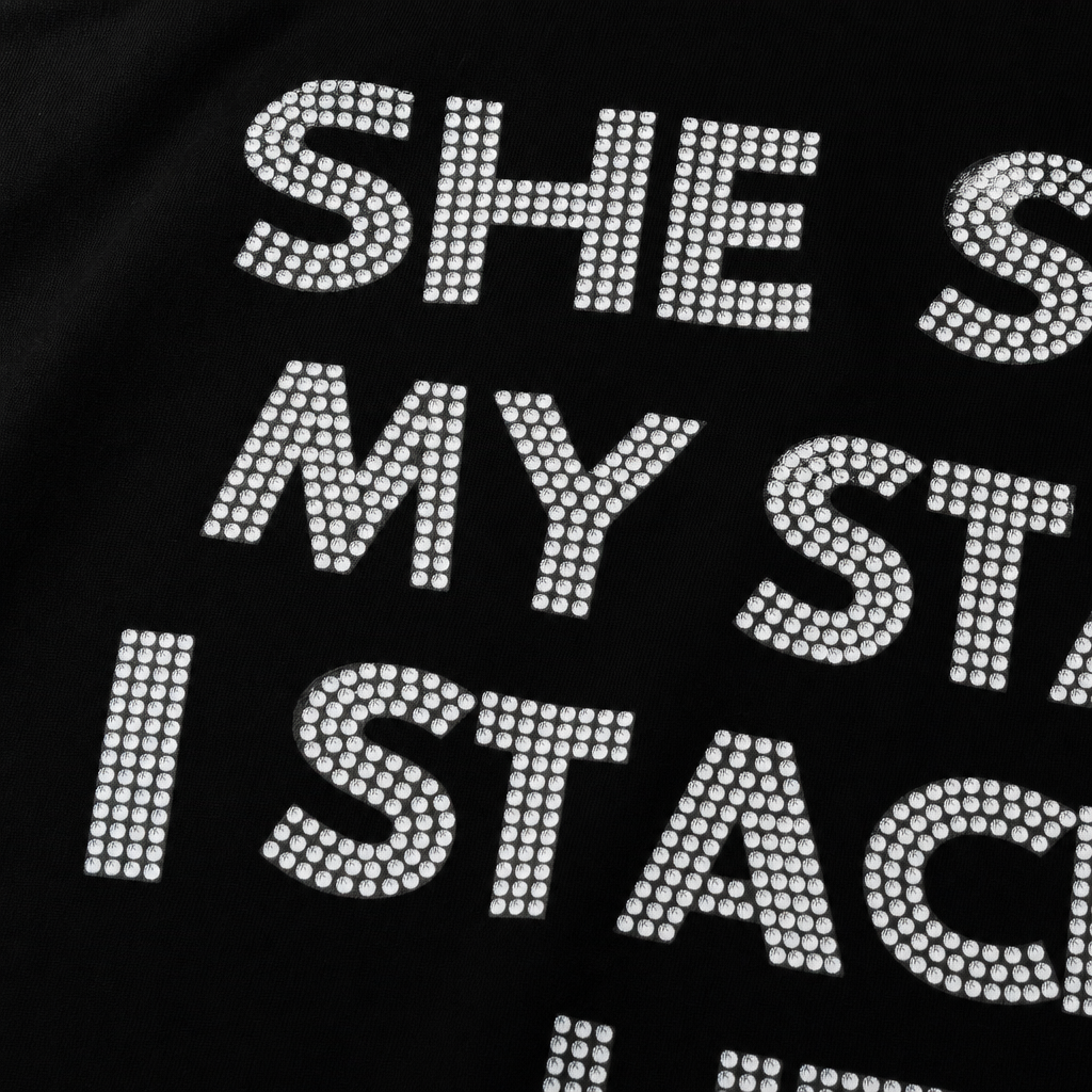 Close-up fabric detail - SHE SOLD MY STACK I STACKED HER FRIENDS BLACK T-SHIRT