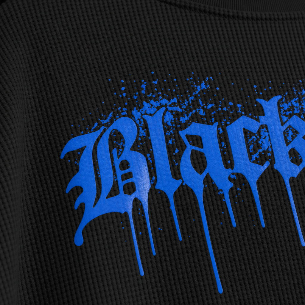 Close-up fabric detail - Blacklist Drip Blue Oversized Waffle T-shirt Black