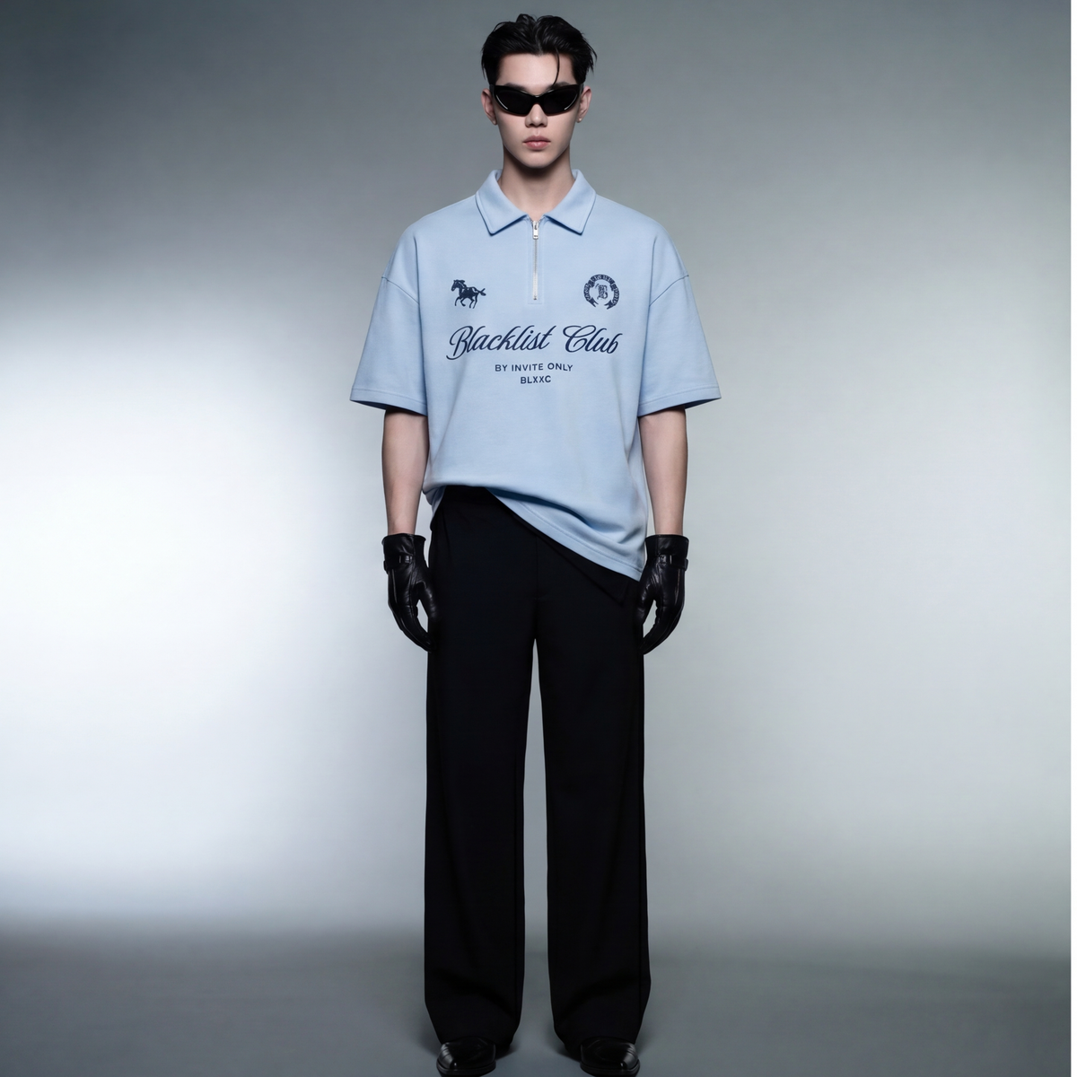 blacklist-club-ice-blue-oversized-quarter-zip-t-shirt model front
