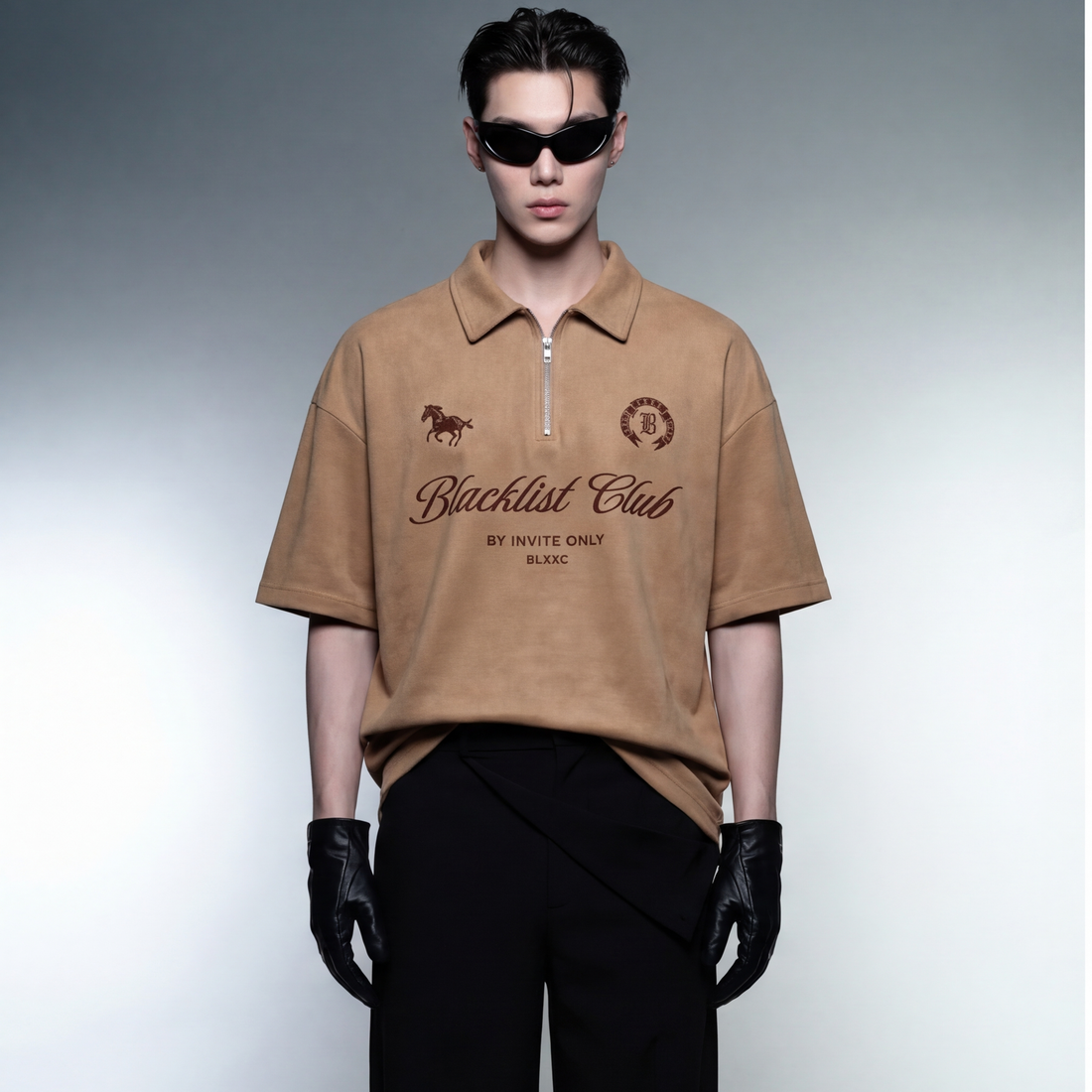 blacklist-club-sand-oversized-quarter-zip-t-shirt model front