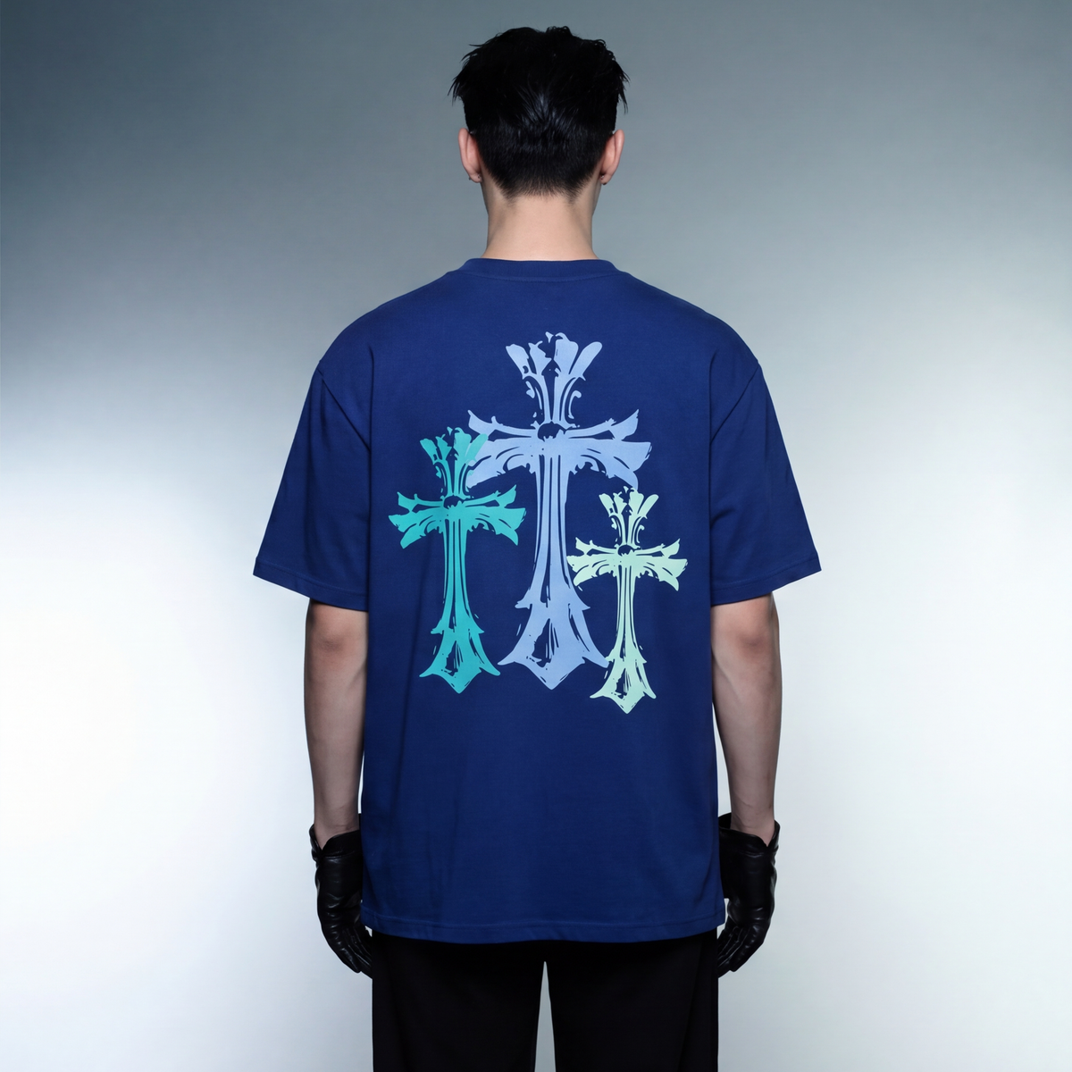 blacklist-crosses-blue-t-shirt model back