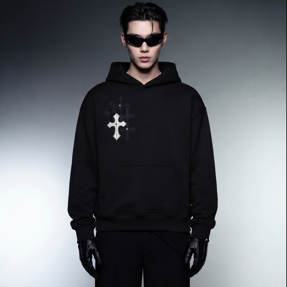 blacklist-crosses-red-oversized-hoodie-copy model front