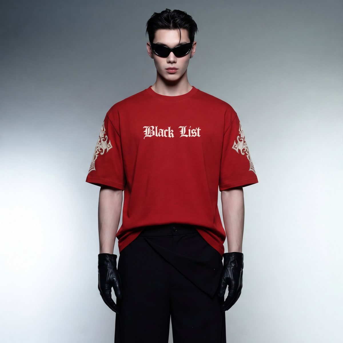 blacklist-crosses-red-oversized-t-shirt model front