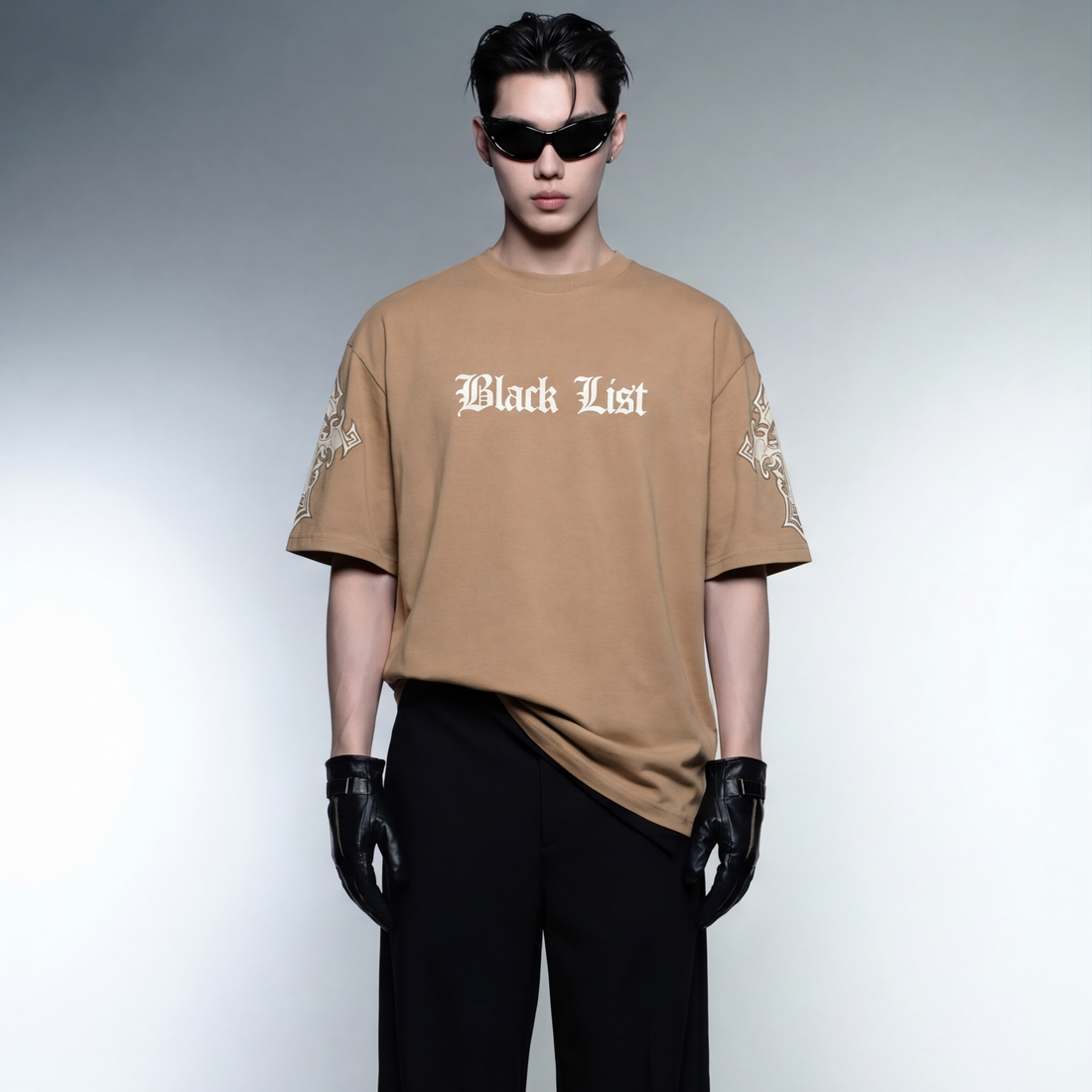 blacklist-crosses-sand-oversized-t-shirt model front