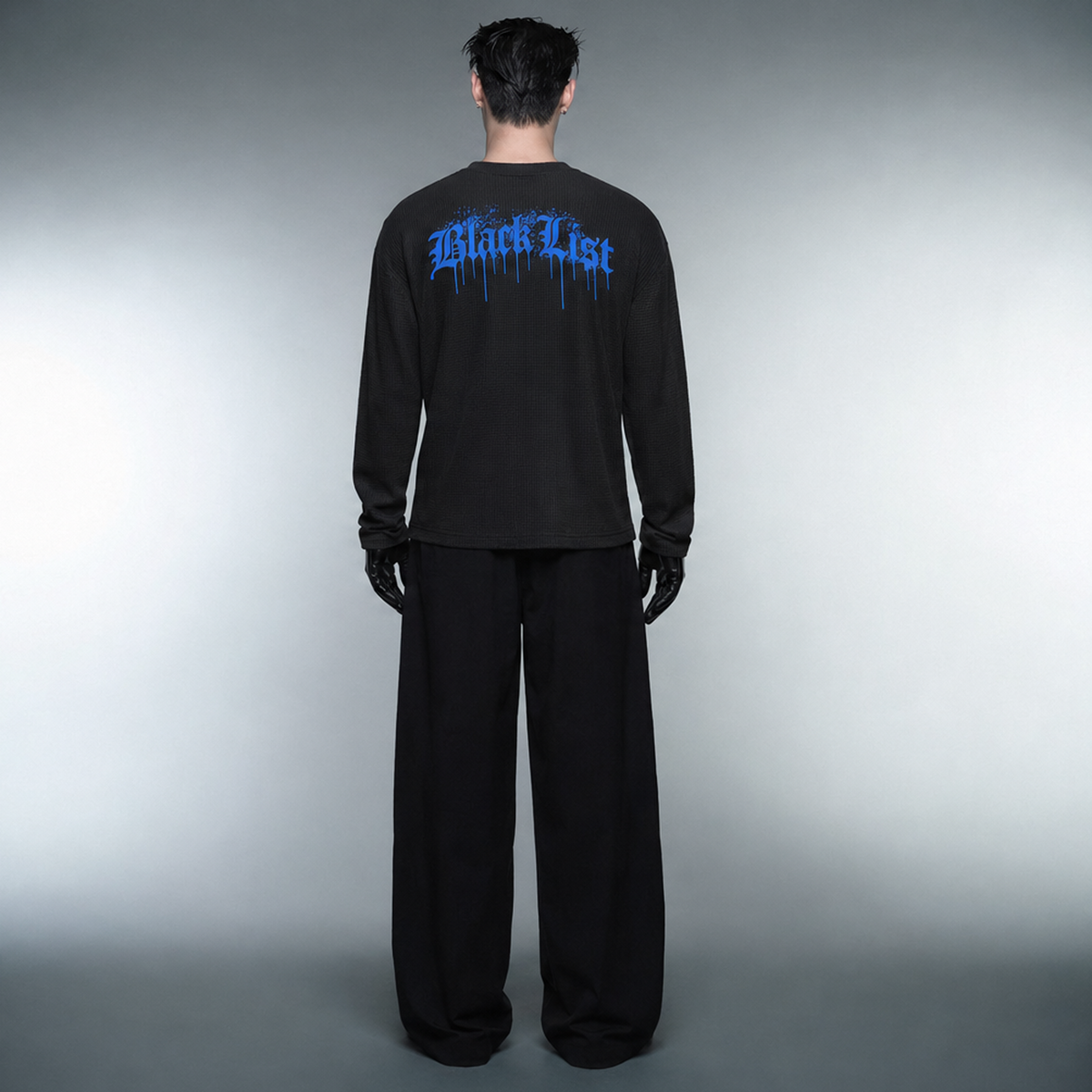 Blacklist Drip Blue Oversized Waffle T-shirt Black