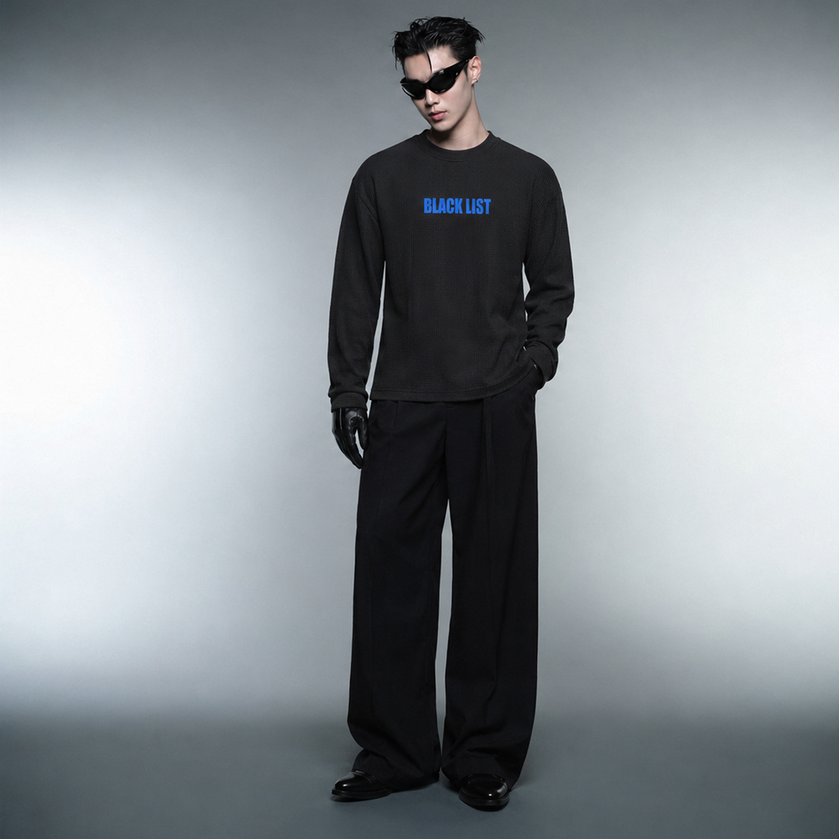 Blacklist Drip Blue Oversized Waffle T-shirt Black