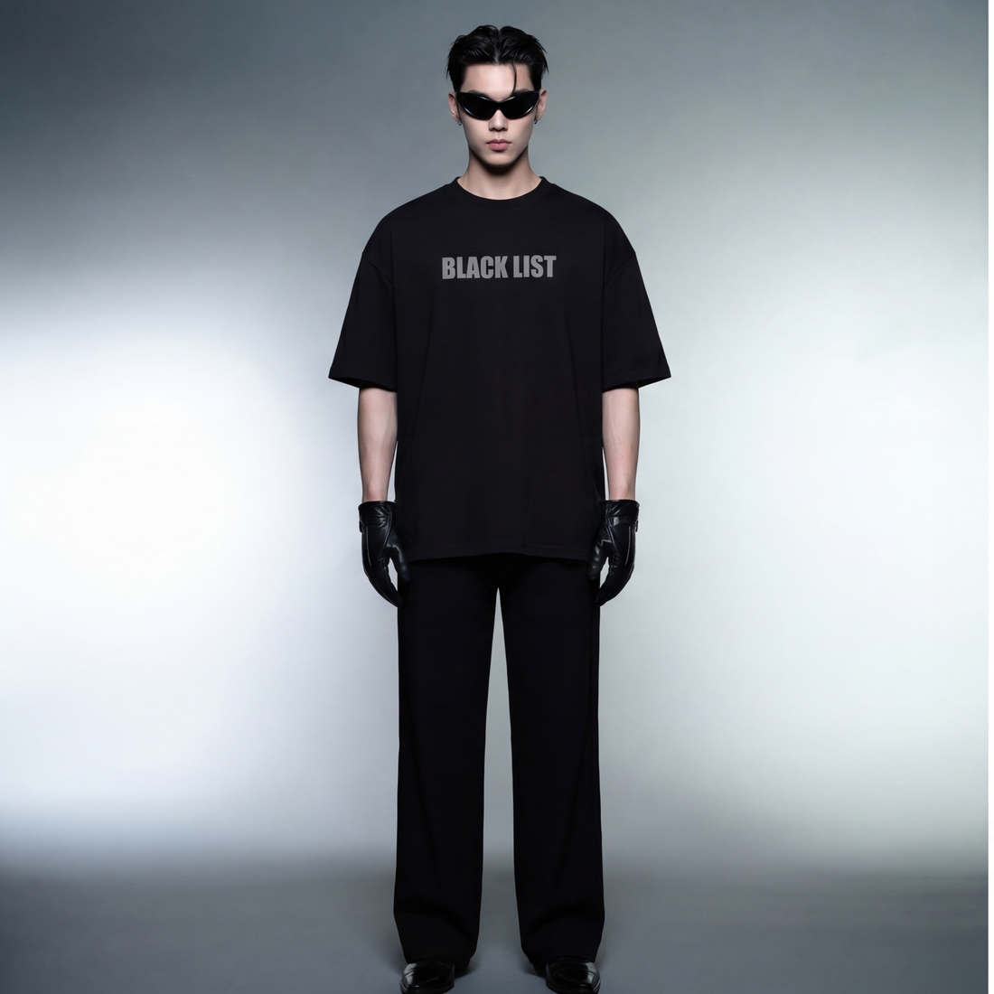 blacklist-drip-grey-oversized-t-shirt model front