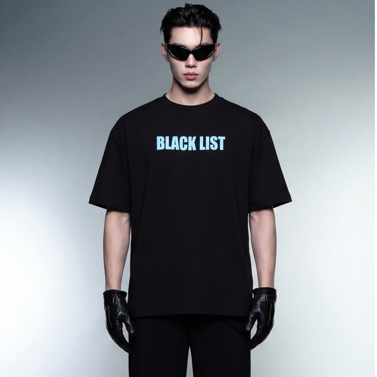 blacklist-drip-ice-blue-oversized-t-shirt model front