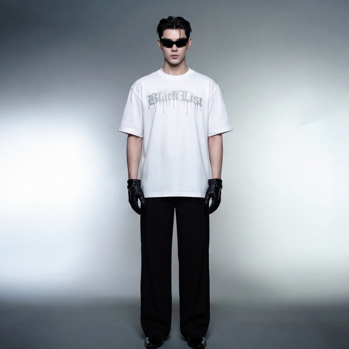 blacklist-drip-white-2-0-black-t-shirt-1 model front
