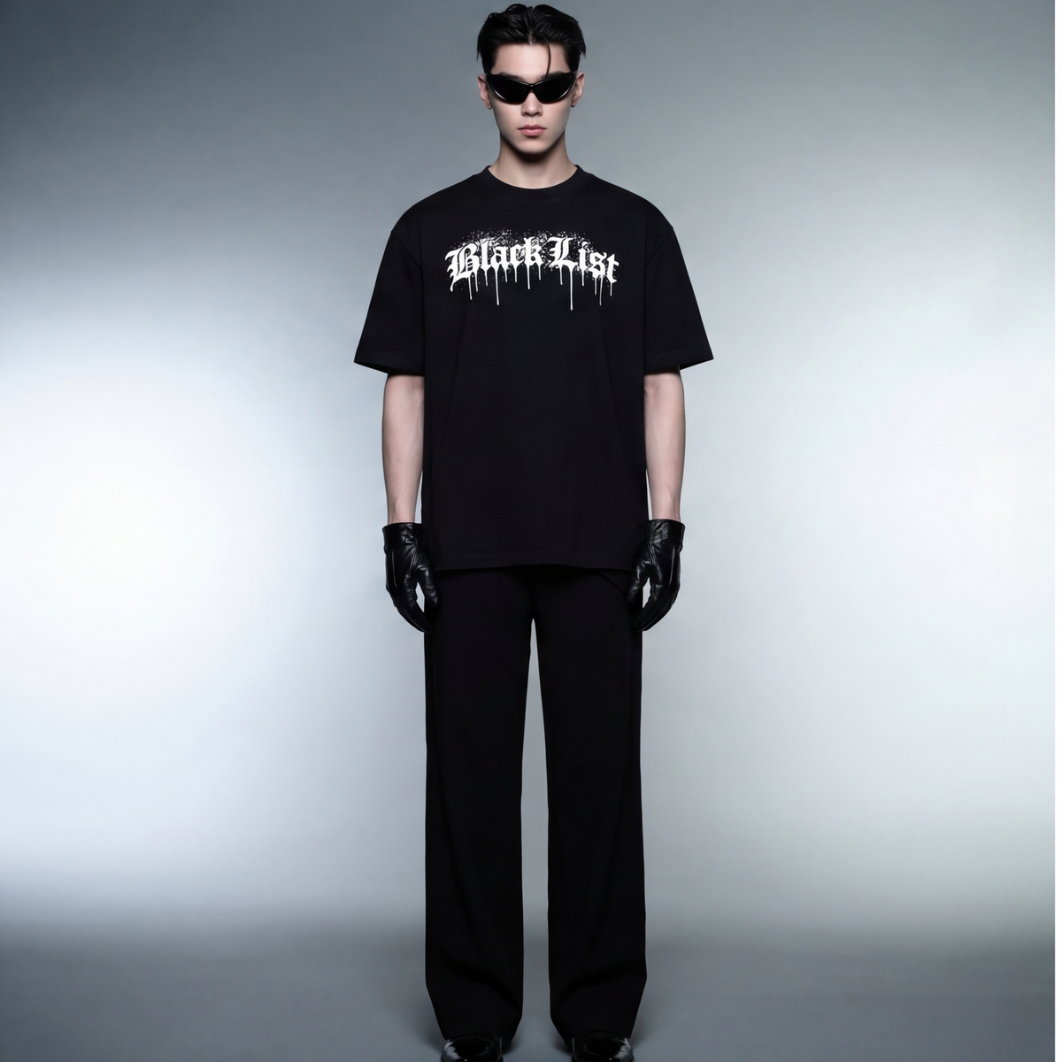 blacklist-drip-white-2-0-black-t-shirt model front